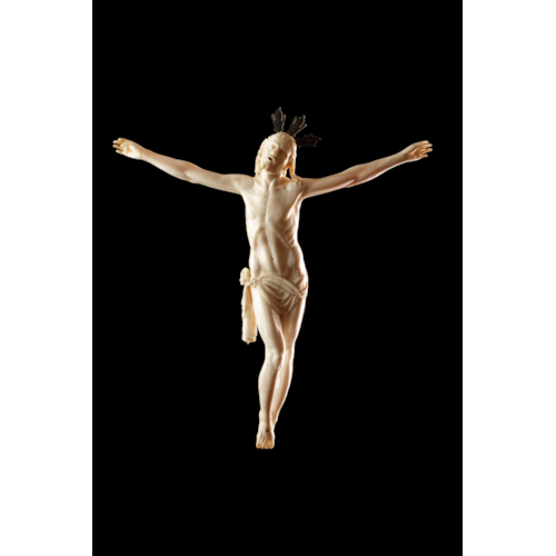Italian Baroque Ivory of Christ Crucified Attended by the Virgin Mary and Saint John by Giovanni Antonio Gualterio